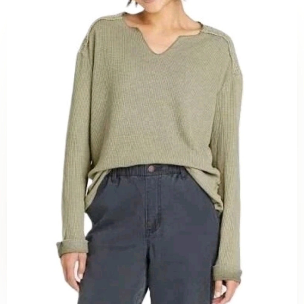 NWT XXL / 2X KNOX ROSE Thermal Knit & Lace Top Trim Olive